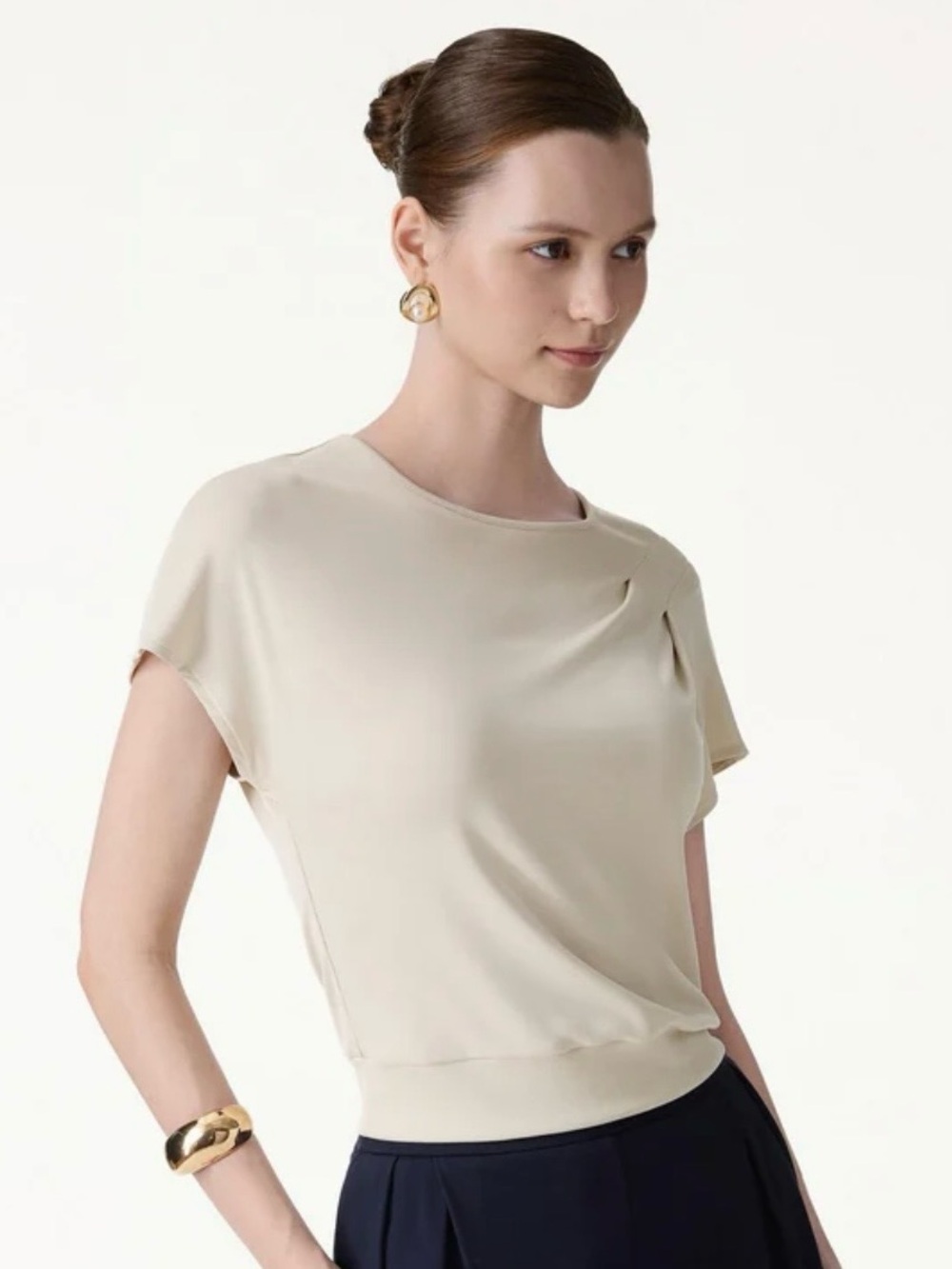 OGL Cream Short Sleeve Blouson Top with Subtle Shoulder Pleat